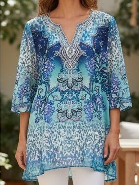 NWOT Chico’s Embellished Sheer Tunic Blue Paisley Boho Top Size 3 XL 16/18